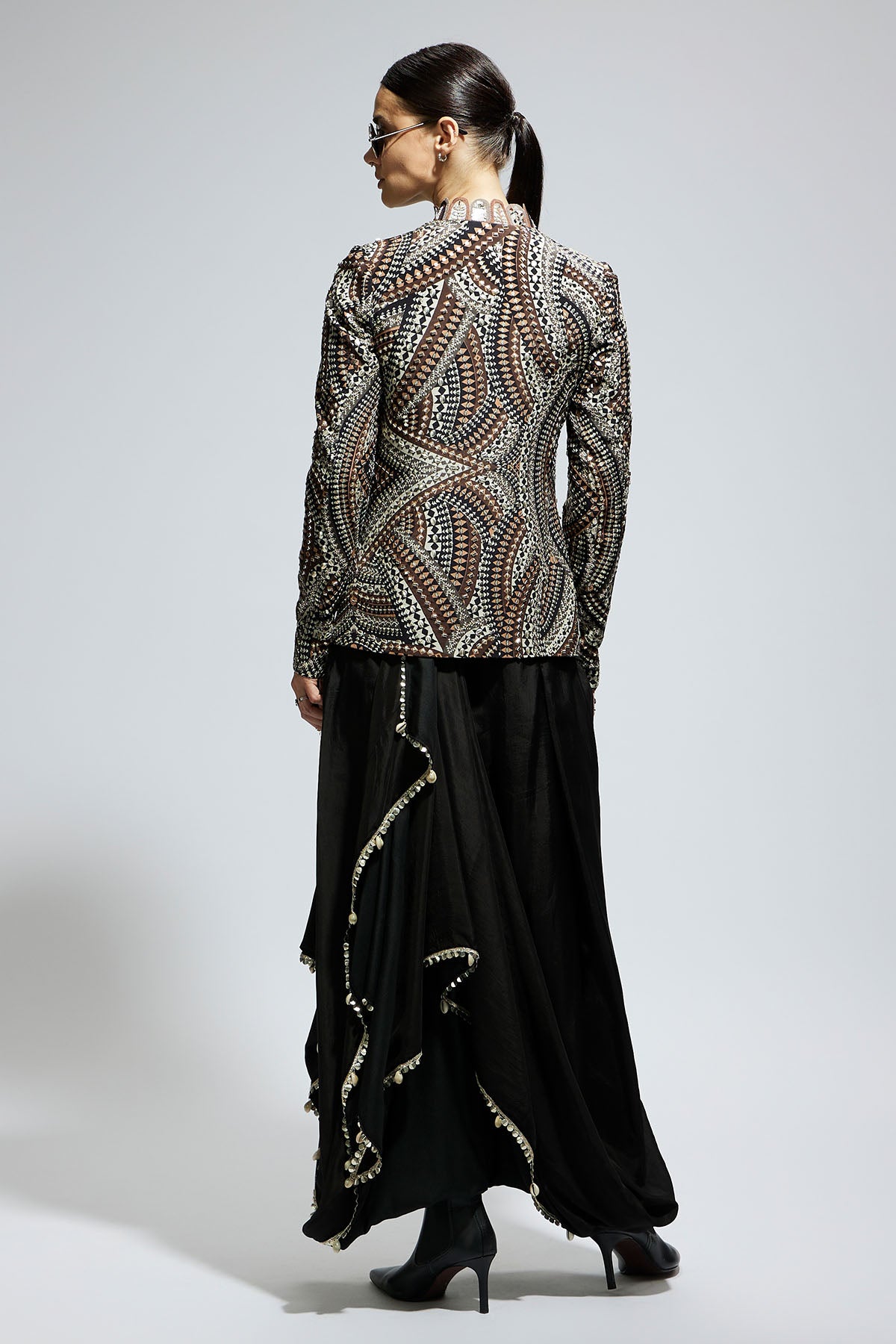 Zentangle Embellished Jacket Paired with Black Solid Nushrat Skirt