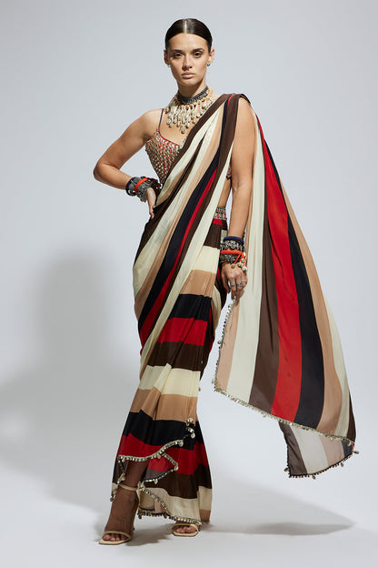 Samsara Stripe Print Cascade Saree with Metallic Scallop Bustier