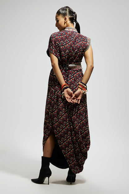 Blue Printed Cowl Dress Teamed with A Belt