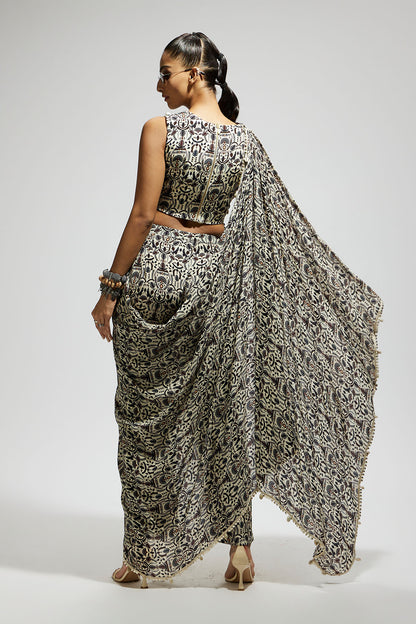 White Jaal Print Crop Top with Attached Drape with Pants