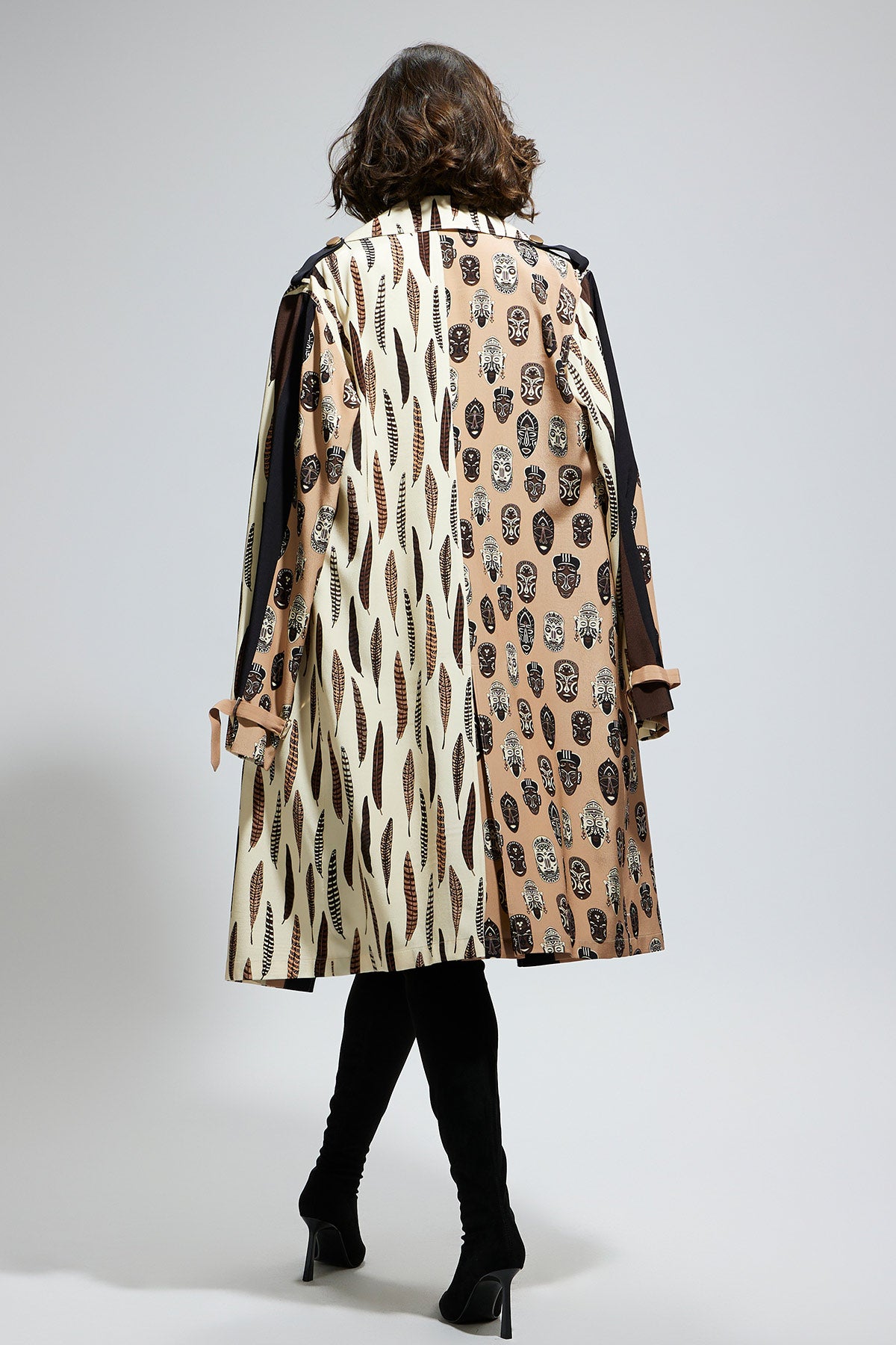 Mask and Feather Print Trench Coat