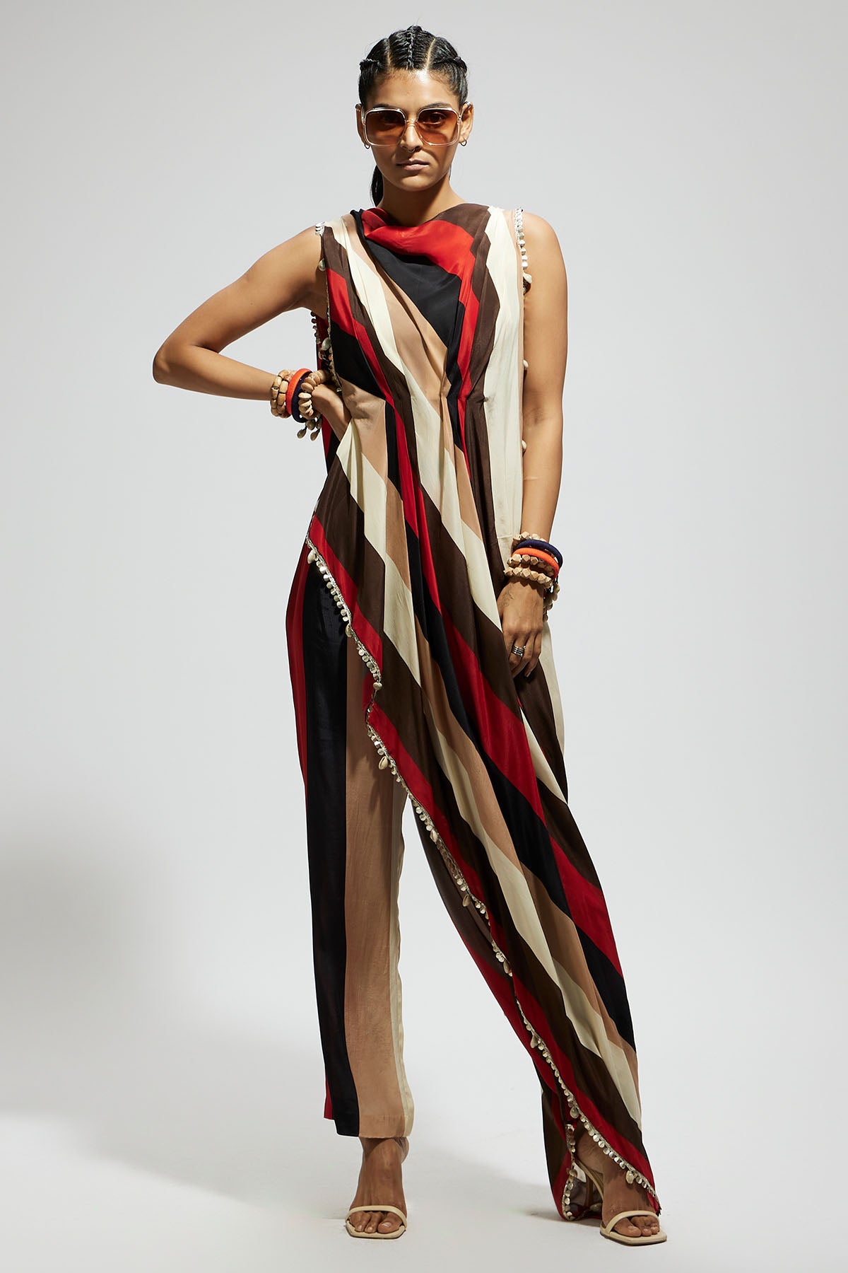 Samsara Stripe Print Crop Top with Attached Drape with Pants