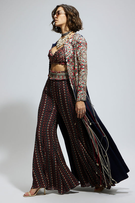 Blue Threadwork Embellished Jacket Paired with Textured Bustier and Blue Printed Sharara Pants