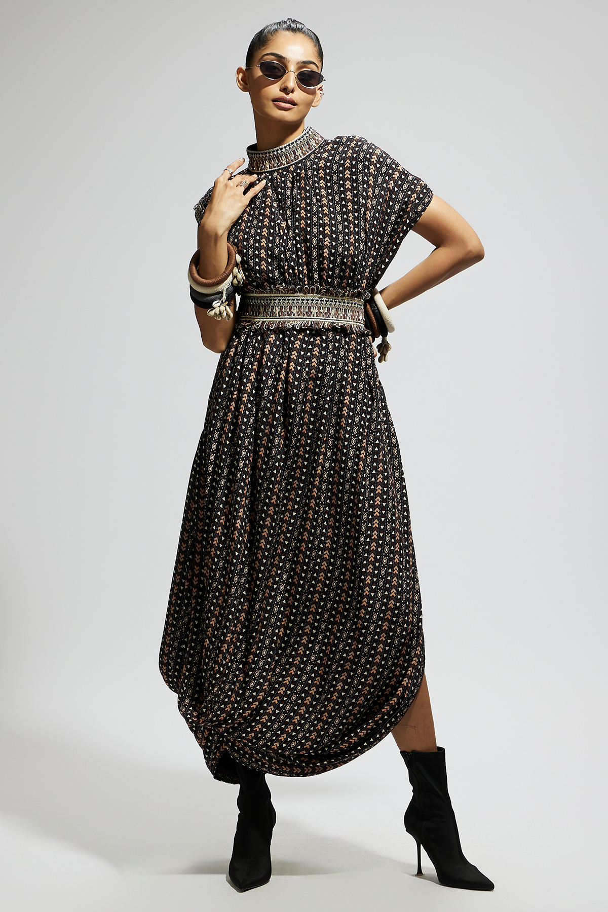 Black Boho Print Stripe Print Cowl Dress Teamed with A Belt