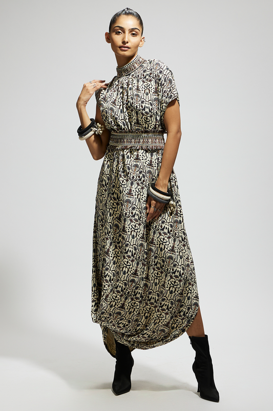 White Printed Cowl Dress Teamed with A Belt