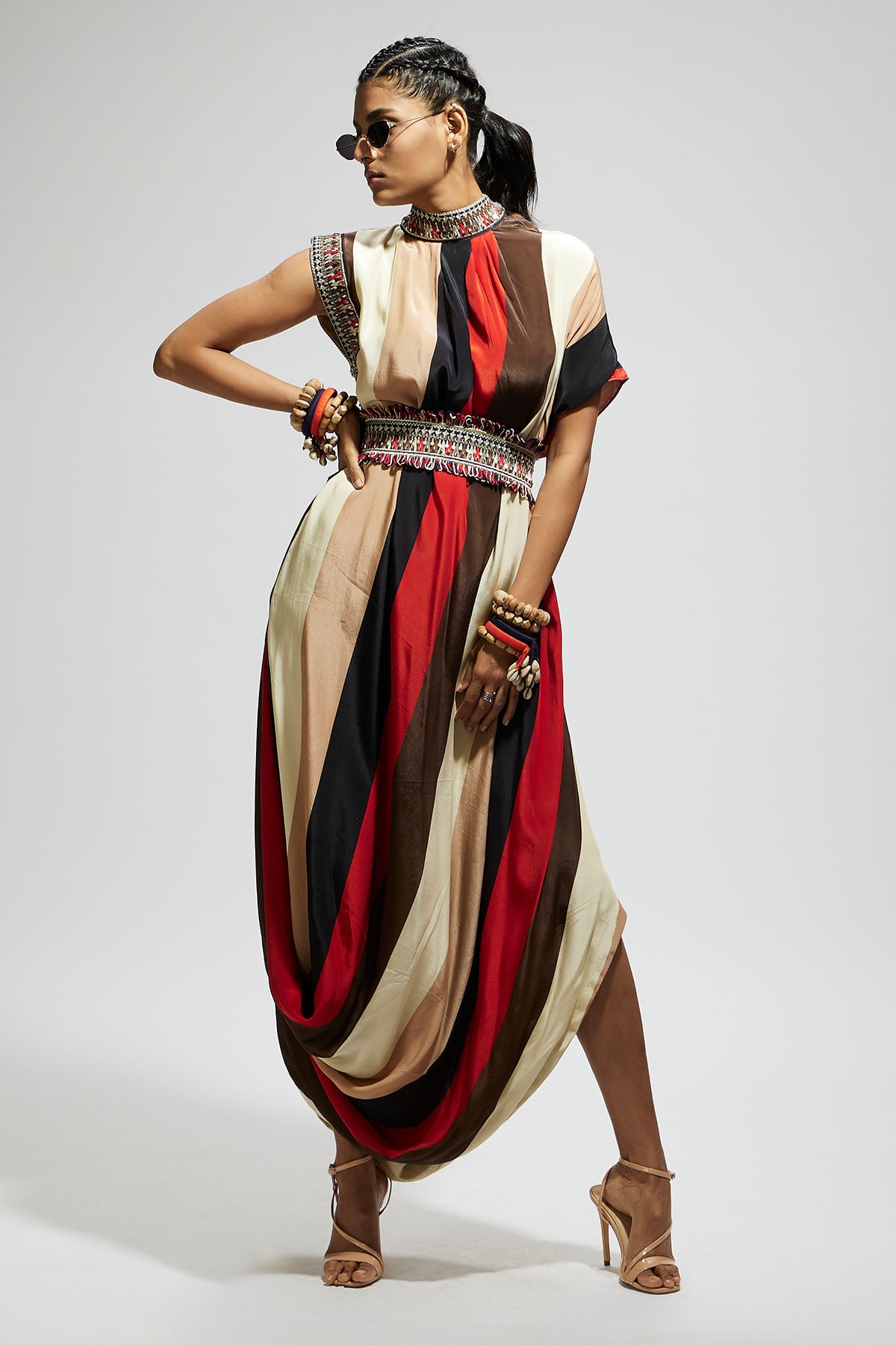 Samsara Stripe Print Cowl Dress Teamed with A Belt