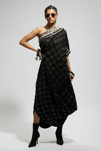 Black Aztec One Shoulder Cowl Dress with Cuff