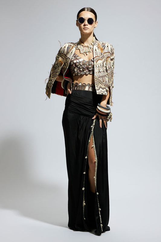 Ivory Abstract Feather Cape Jacket Paired with 3 D Scallop Bustier and Black High Slit Skirt
