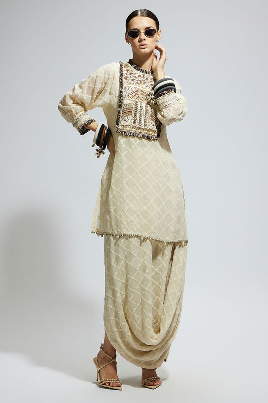 Ivory Aztec Yoke Embroidered Tunic Paired with Drape Skirt