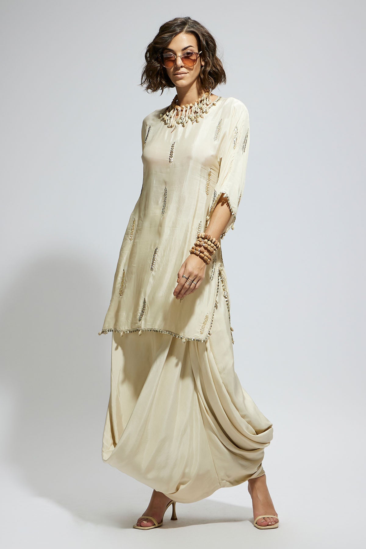 Ivory Embellished Tunic with Drape Skirt