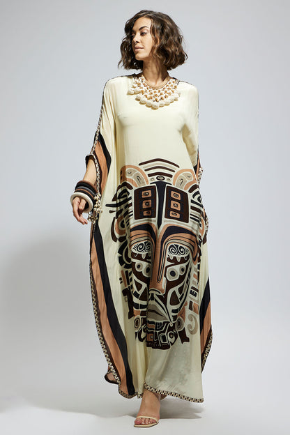 Ivory Mask Kaftan with Brown Printed Pants