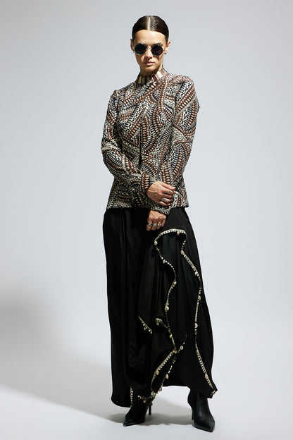 Zentangle Embellished Jacket Paired with Black Solid Nushrat Skirt