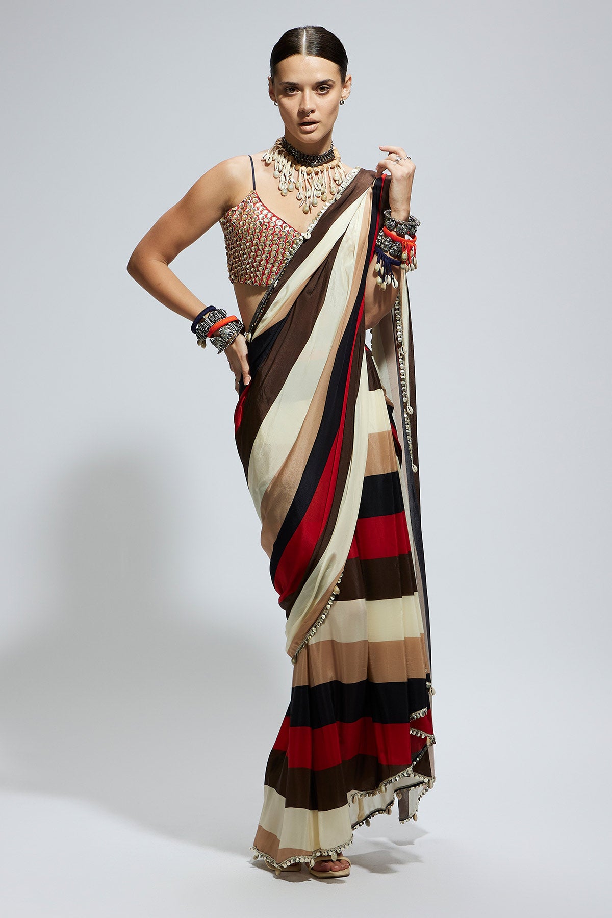 Samsara Stripe Print Cascade Saree with Metallic Scallop Bustier