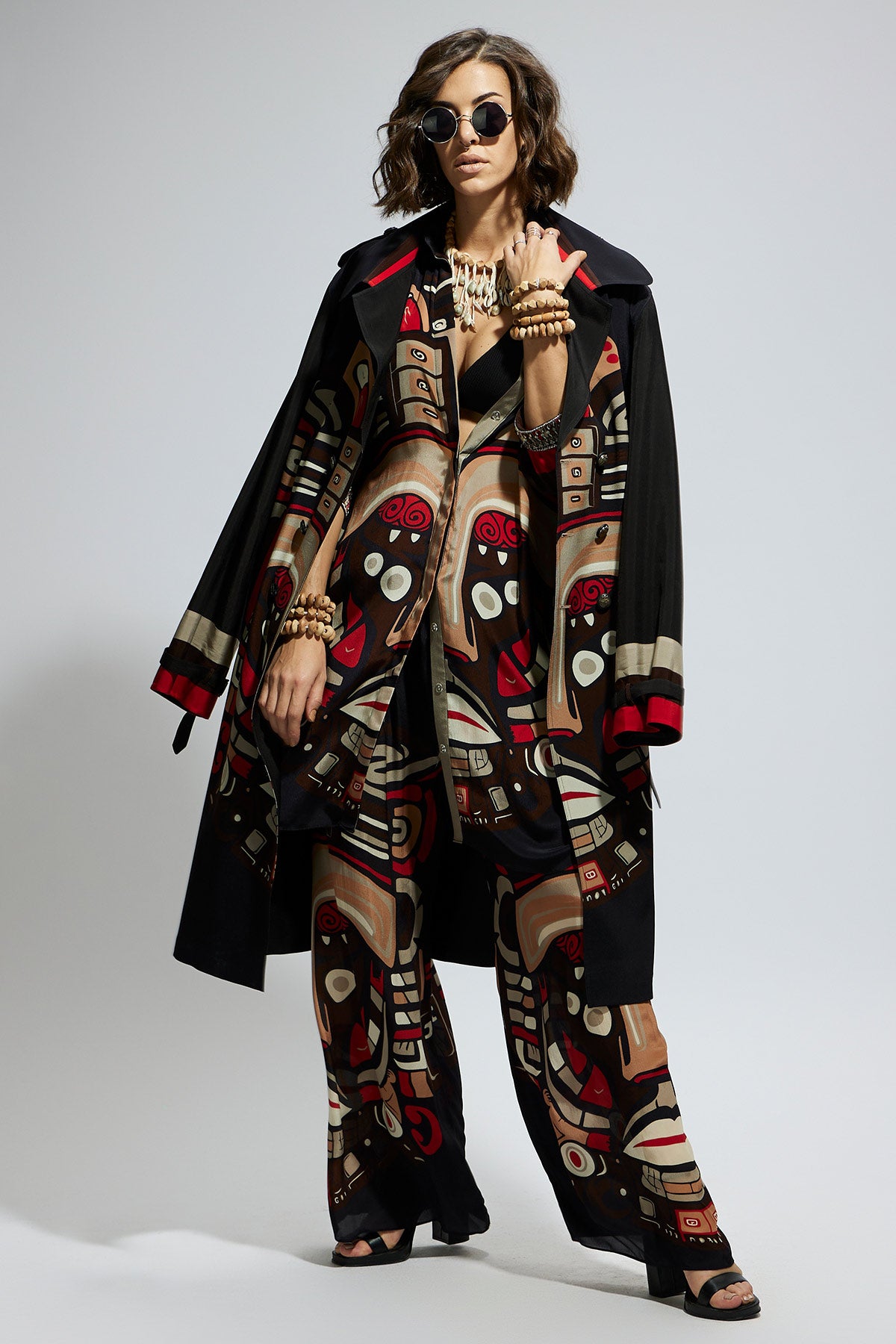 Black Mask Print Trench Coat