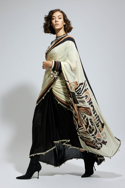 Color Block Mask Print Cascade Sari Paired with Black Abstract Embellished Blouse