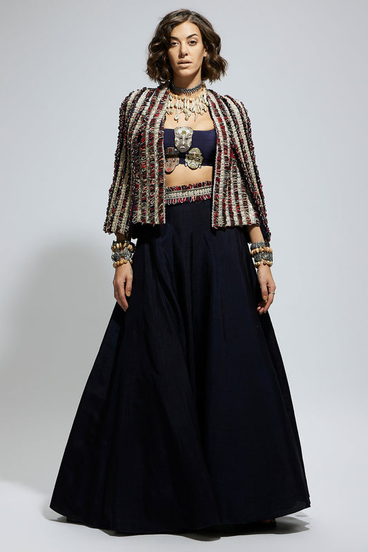 Blue Textured Embellished Cape Jacket Paired with Mask Applique Bustier and Lehenga