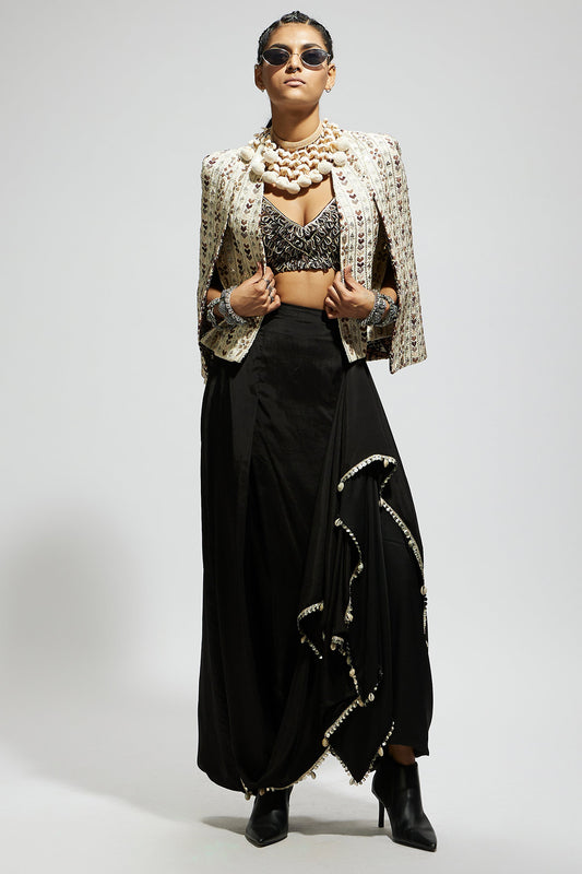 Ivory Embellished Cape Jacket Paired with Textured Bustier and Drape Skirt