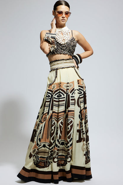 Ivory Mask Printed Box Pleated Skirt with Pockets Teamed with A Textured Bustier