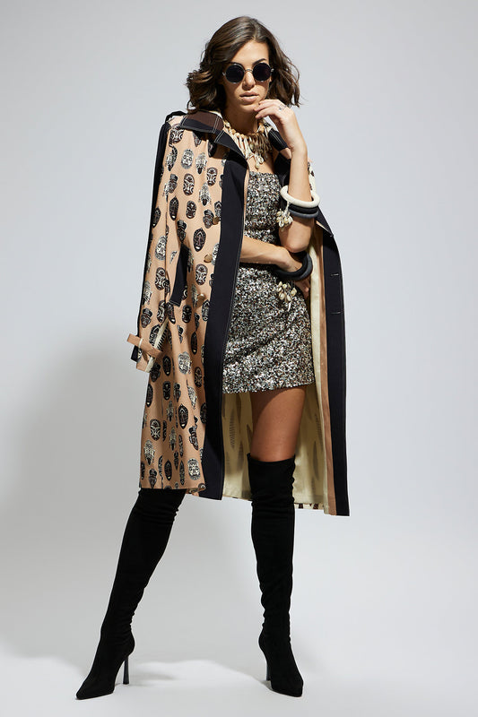 Mask and Feather Print Trench Coat