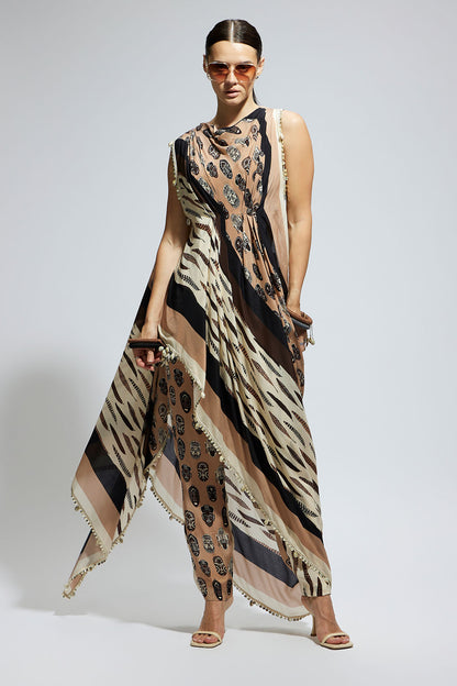 Mask and Feather Print Crop Top with Attached Drape with Pants