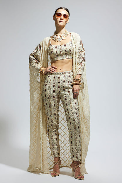 Ivory Aztec Embellished Cape Paired with Heavily Embellished Bustier and Pants