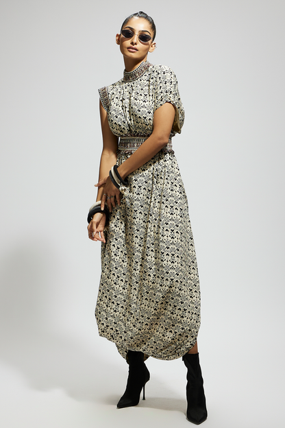 White  Print Cowl Dress Teamed with A Belt