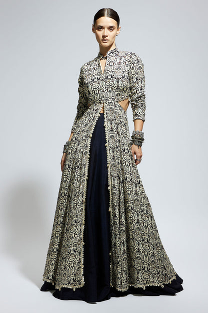 White Heavily Embellished Waist Cut out Jacket Paired a Midnight Blue Lehenga