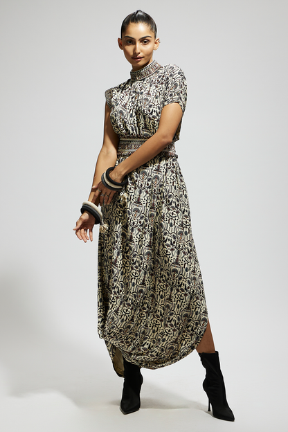 White Printed Cowl Dress Teamed with A Belt