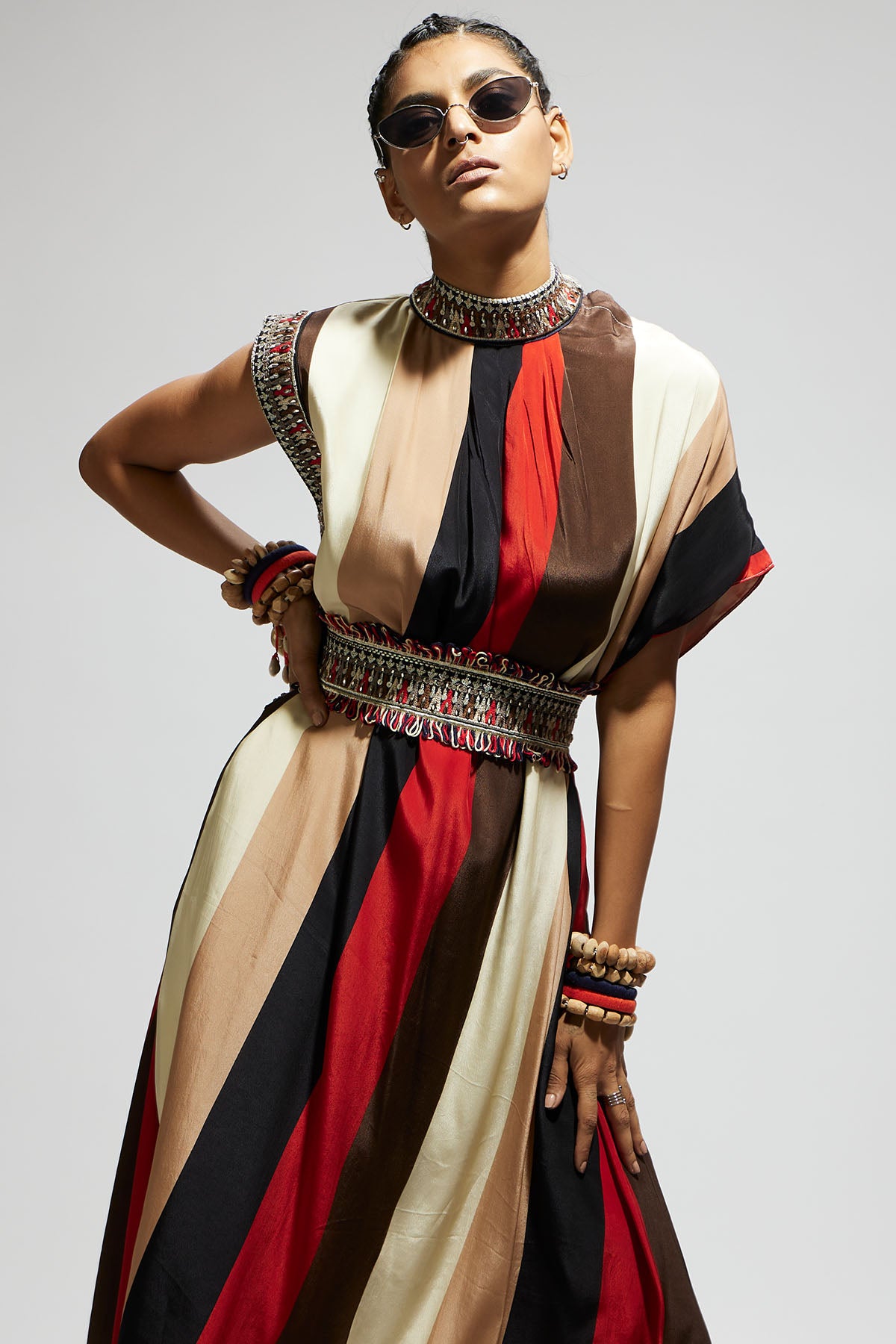 Samsara Stripe Print Cowl Dress Teamed with A Belt