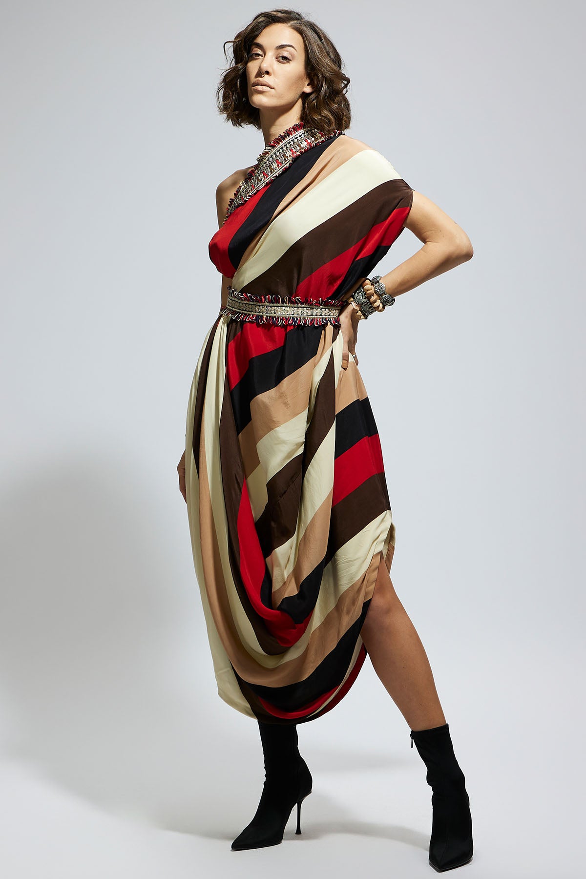 Samsara Stripe One Shoulder Cowl Dress Teamed with A Belt