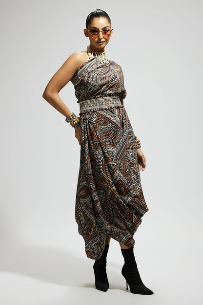 Zentangle Printed One Shoulder Cowl Dress Teamed with A Belt