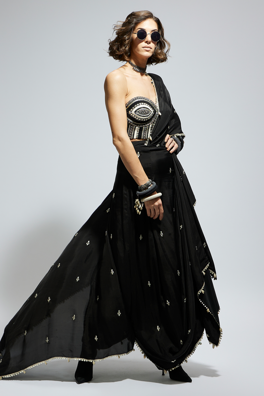 Black Threadwork Corset Paired with Embellished Saree Draped Skirt