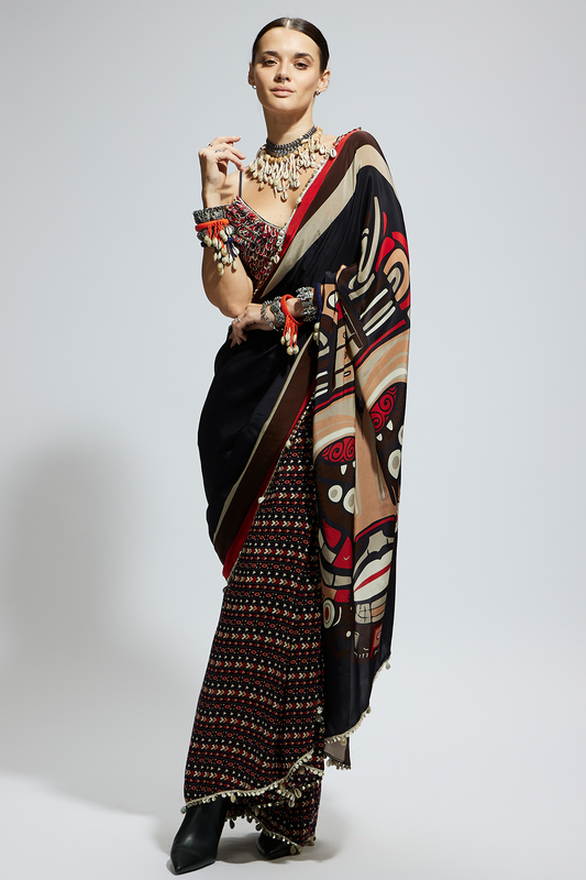 Black Mask Print Cascade Saree with Textured Bustier