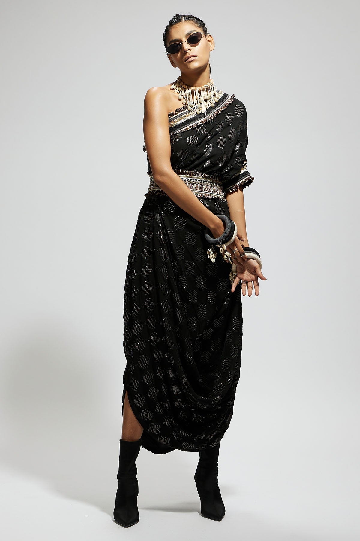 Black Aztec One Shoulder Cowl Dress with Cuff