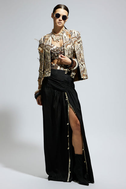 Ivory Abstract Feather Cape Jacket Paired with 3 D Scallop Bustier and Black High Slit Skirt