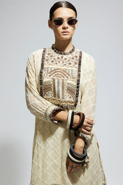 Ivory Aztec Yoke Embroidered Tunic Paired with Drape Skirt