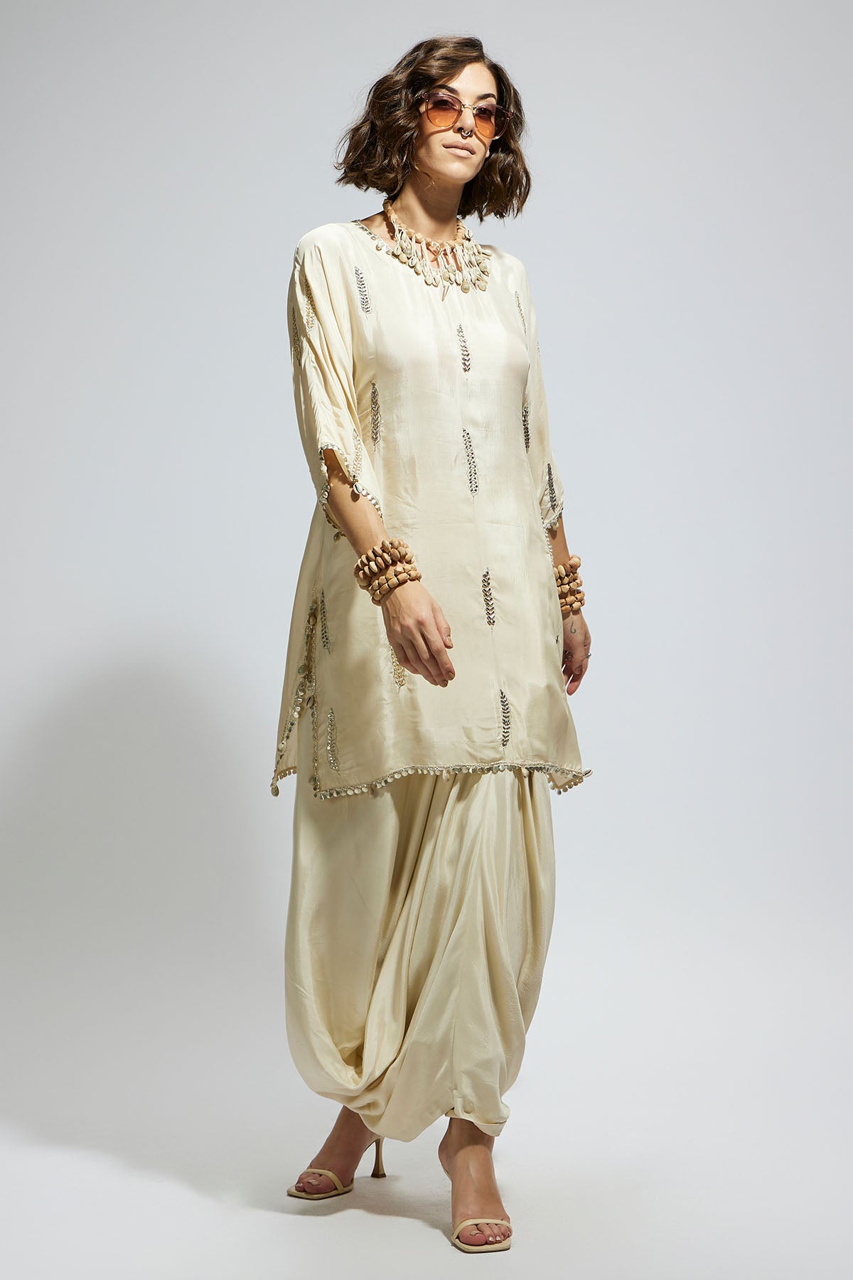 Ivory Embellished Tunic with Drape Skirt