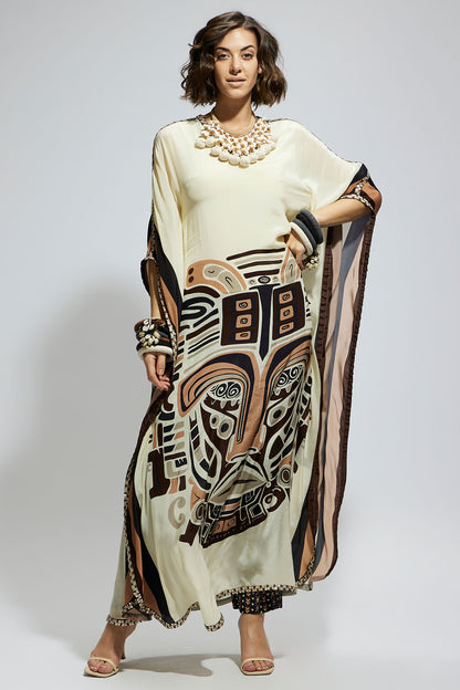 Ivory Mask Kaftan with Brown Printed Pants