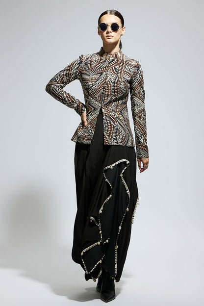 Zentangle Embellished Jacket Paired with Black Solid Nushrat Skirt