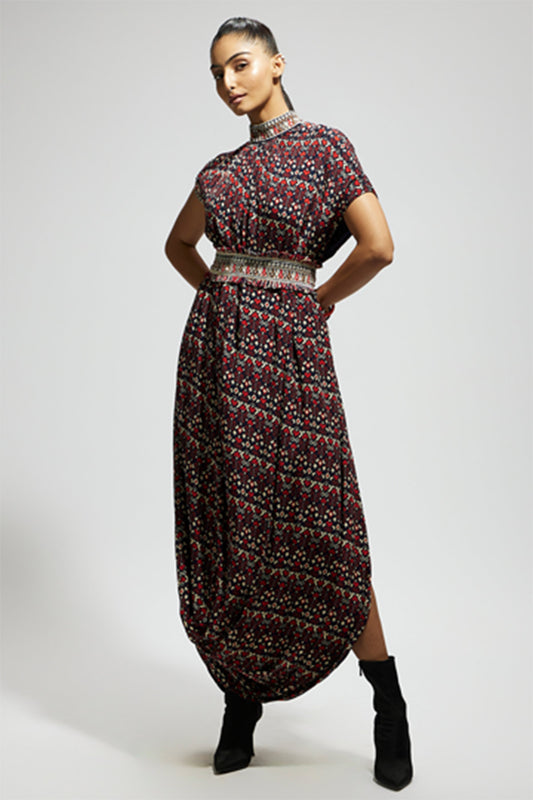 Blue Printed Cowl Dress Teamed with A Belt
