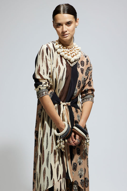 Mask and Feather Print Front Tie up Tunic