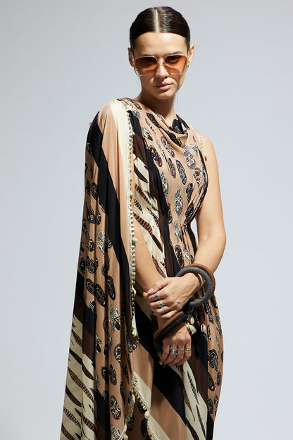 Mask and Feather Print Crop Top with Attached Drape with Pants