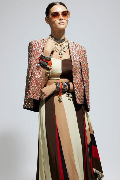 Metallic Embellished Cape Jacket Paired with Stripe Bustier and Stripe Drape Skirt