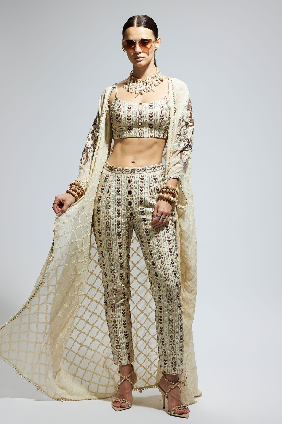 Ivory Aztec Embellished Cape Paired with Heavily Embellished Bustier and Pants