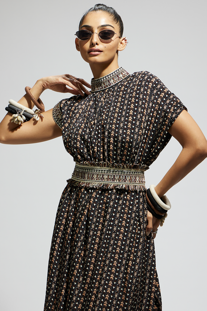 Black Boho Print Stripe Print Cowl Dress Teamed with A Belt