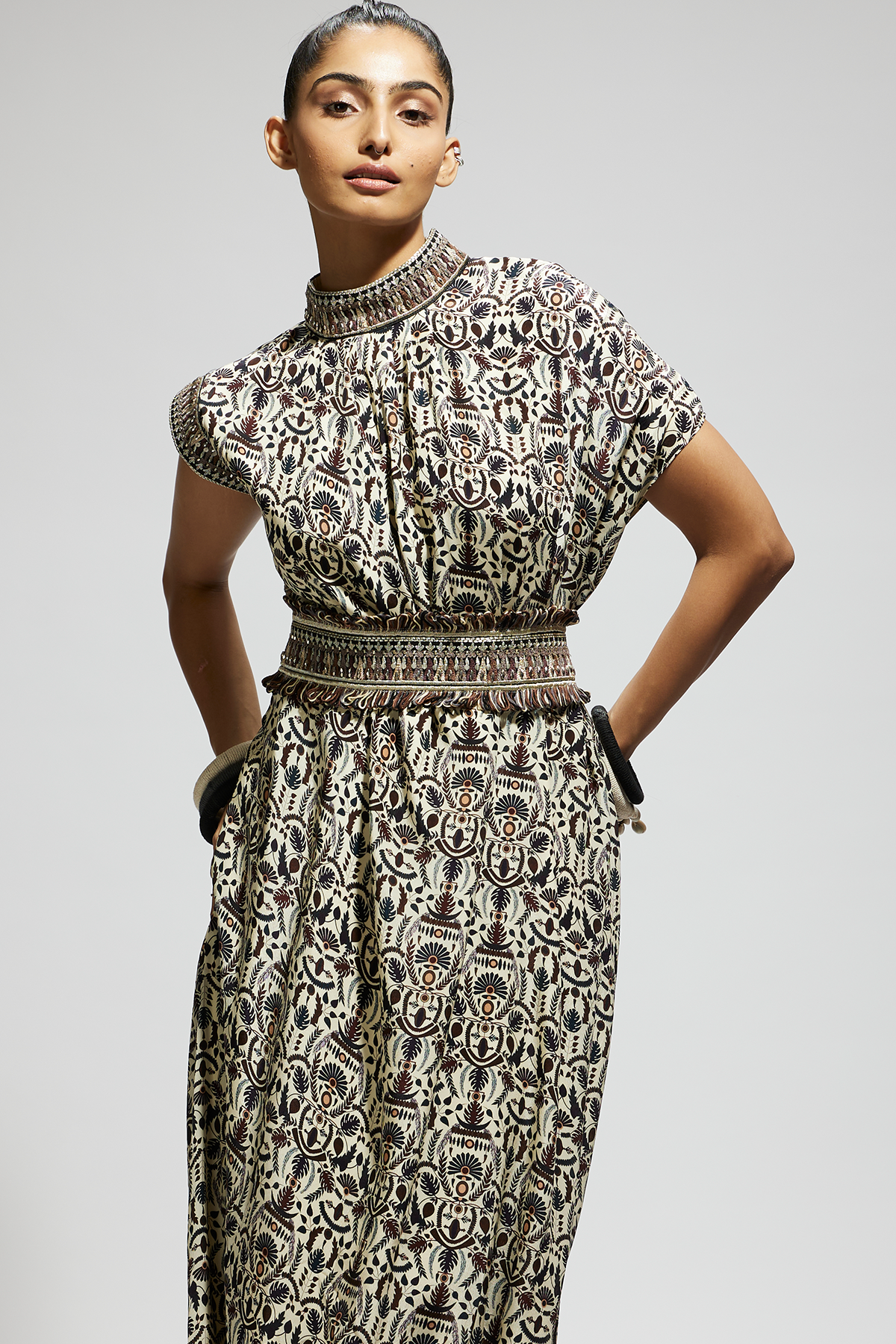 White Printed Cowl Dress Teamed with A Belt