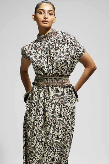 White Printed Cowl Dress Teamed with A Belt