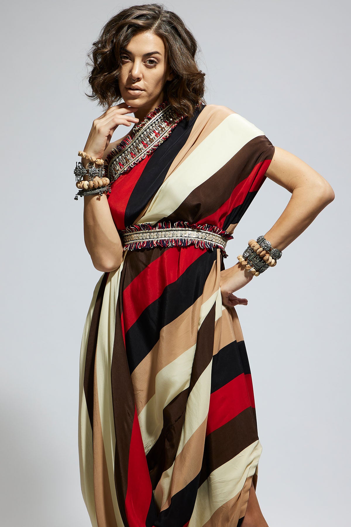 Samsara Stripe One Shoulder Cowl Dress Teamed with A Belt