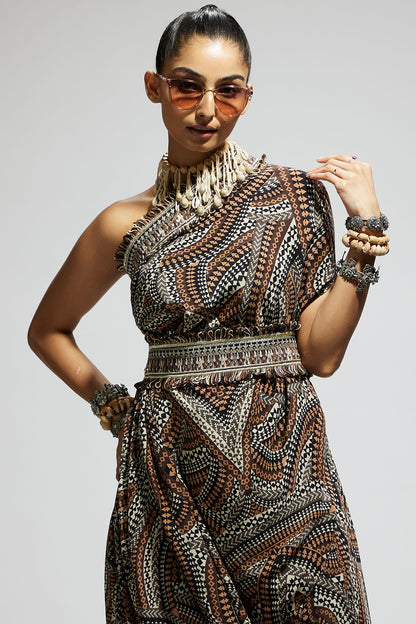 Zentangle Printed One Shoulder Cowl Dress Teamed with A Belt