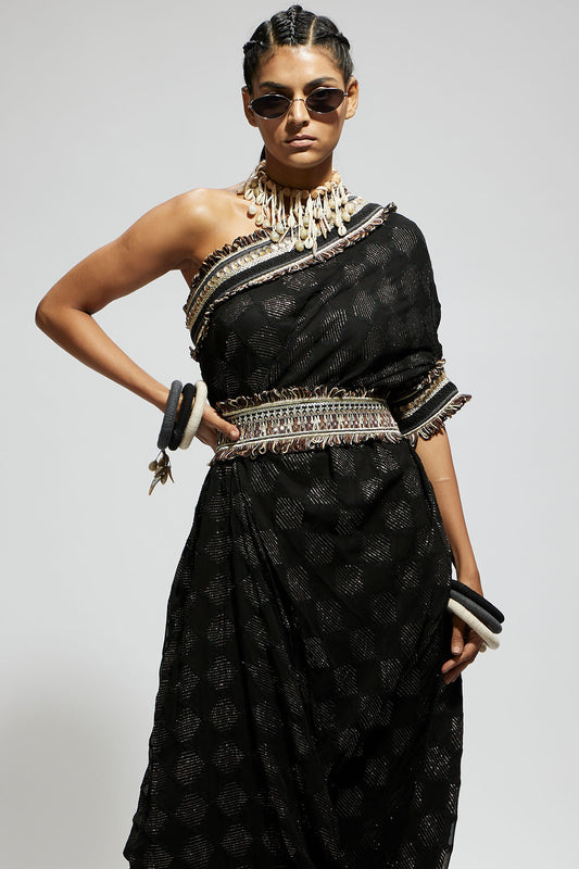 Black Aztec One Shoulder Cowl Dress with Cuff